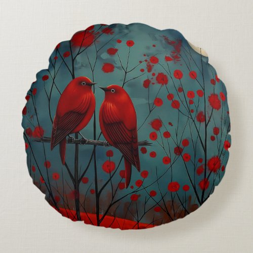 Red color Couple birds  Round Pillow