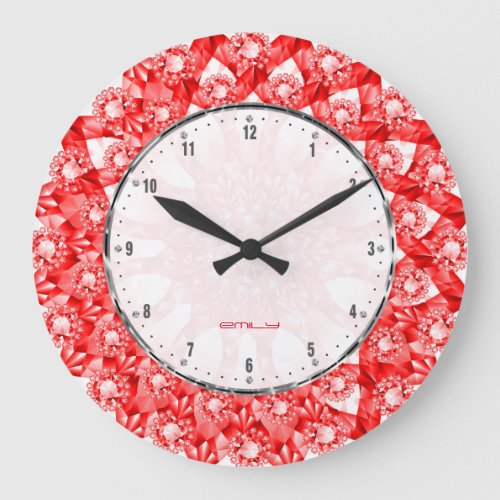 Red Color Diamonds Print Geometric Pattern Large Clock