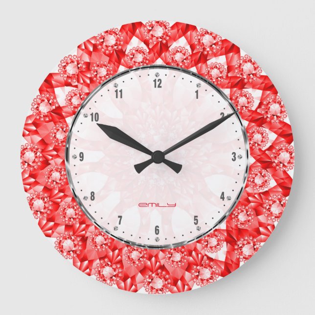 Red Color Diamonds Print Geometric Pattern Large Clock (Front)