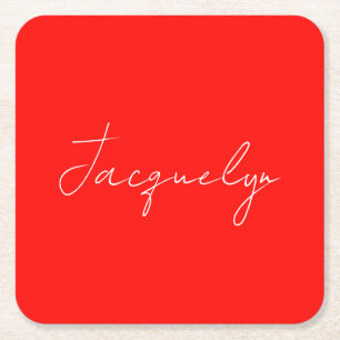 Red Color Plain Elegant Modern Minimalist Name Square Paper Coaster