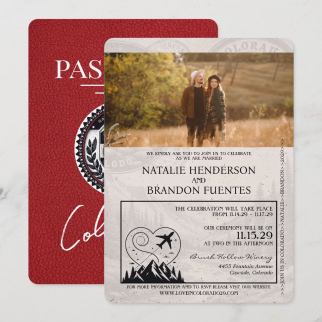 Red Colorado Passport Wedding Invitation (Front/Back)