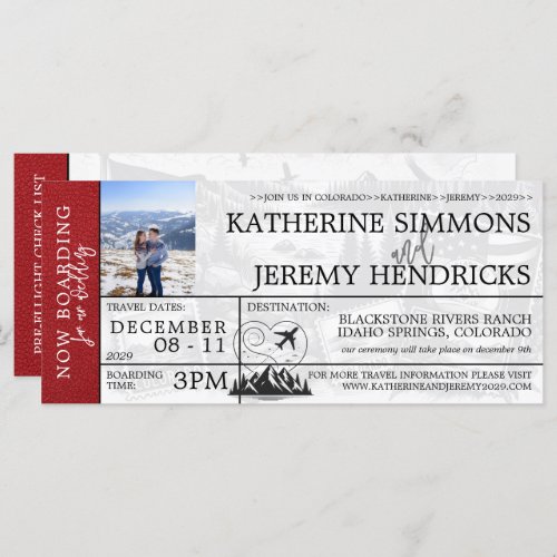 Red Colorado Wedding Boarding Pass Invite