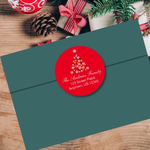 Red Colorful Christmas Tree Round Address Label