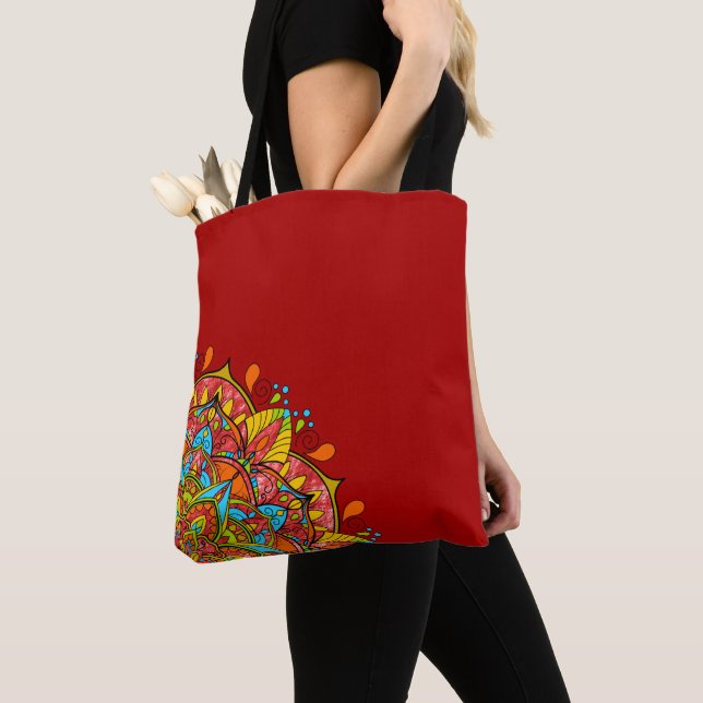 Red Colorful Mandala Shoulder Tote Bag (Close Up)