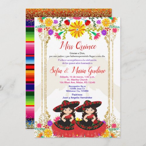 Red Colorful Mexican Floral Twin Quinceaera Invitation