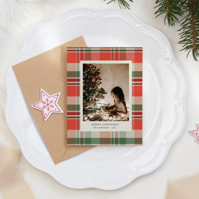 Red Colors Plaid Minimalist Photo Holiday Card (Creator Uploaded)