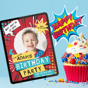 Red Comic Birthday Party with Picture Invitation