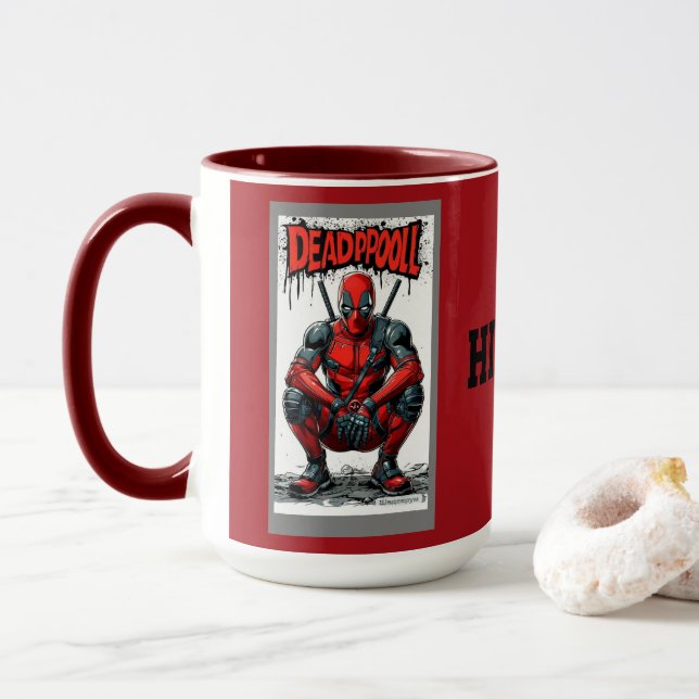 Red Comic Style Superhero Character Accent Coffee  Mug (With Donut)