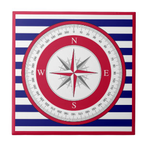 Red Compass Rose Blue and White Stripe Ceramic Tile