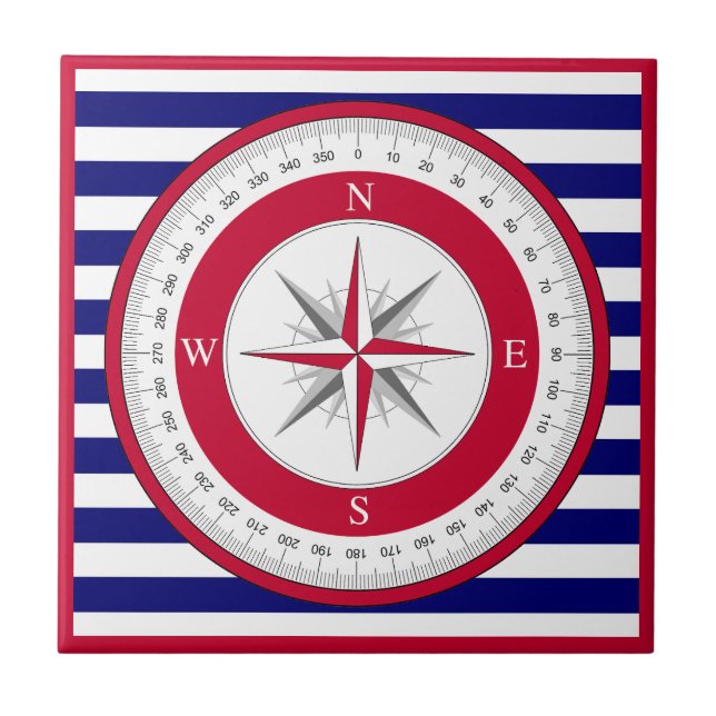 Red Compass Rose Blue and White Stripe Ceramic Tile (Front)