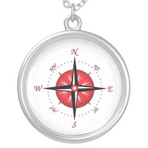 Red Compass Rose Silver Plated Necklace