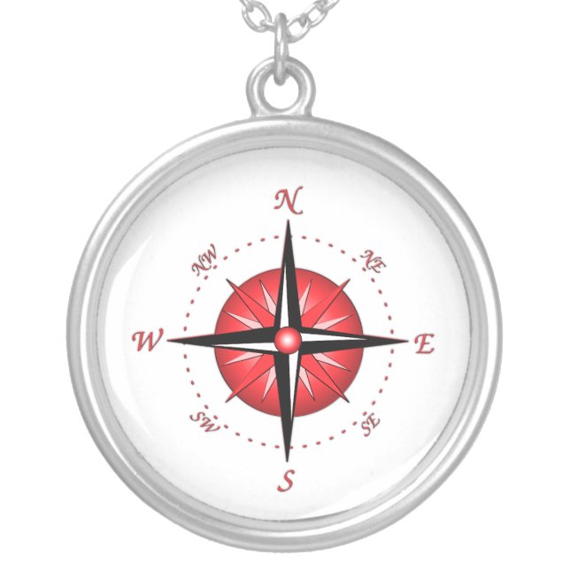 Red Compass Rose Silver Plated Necklace (Front)