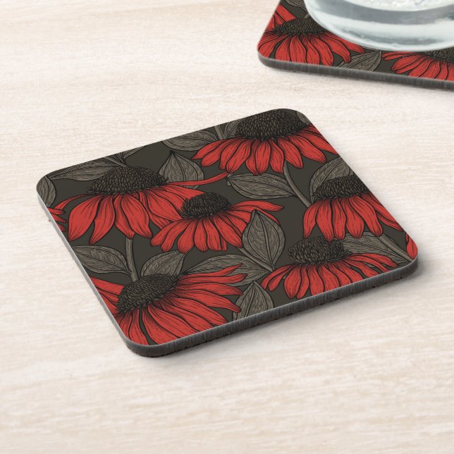 Red coneflowers on brown beverage coaster (Left Side)