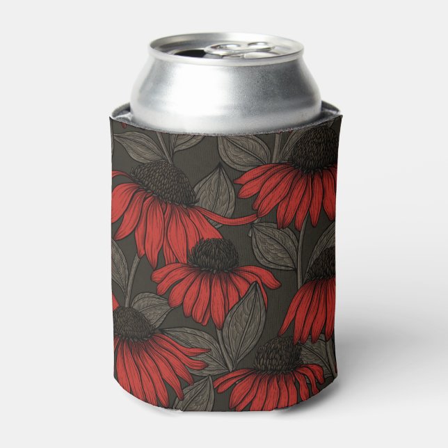 Red coneflowers on brown can cooler (Can Front)