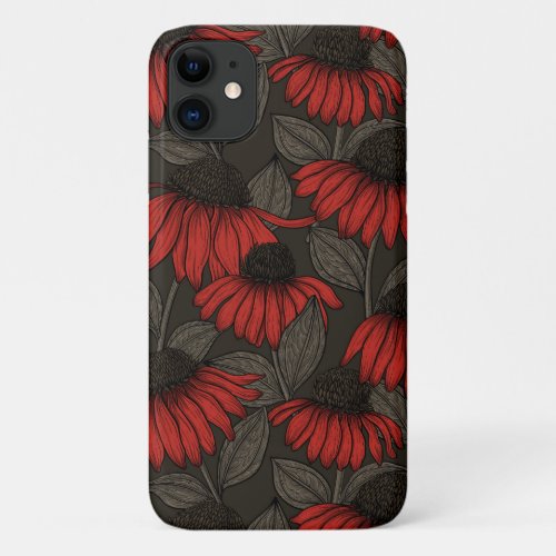 Red coneflowers on brown iPhone 11 case