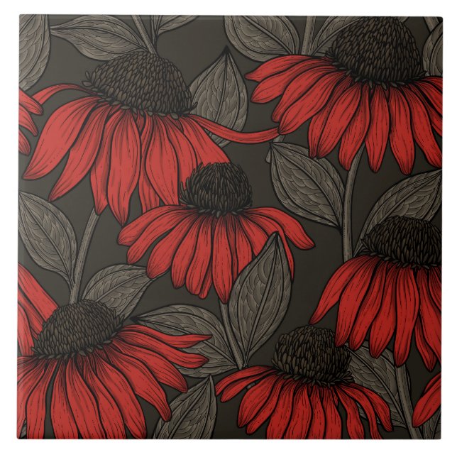 Red coneflowers on brown ceramic tile (Front)
