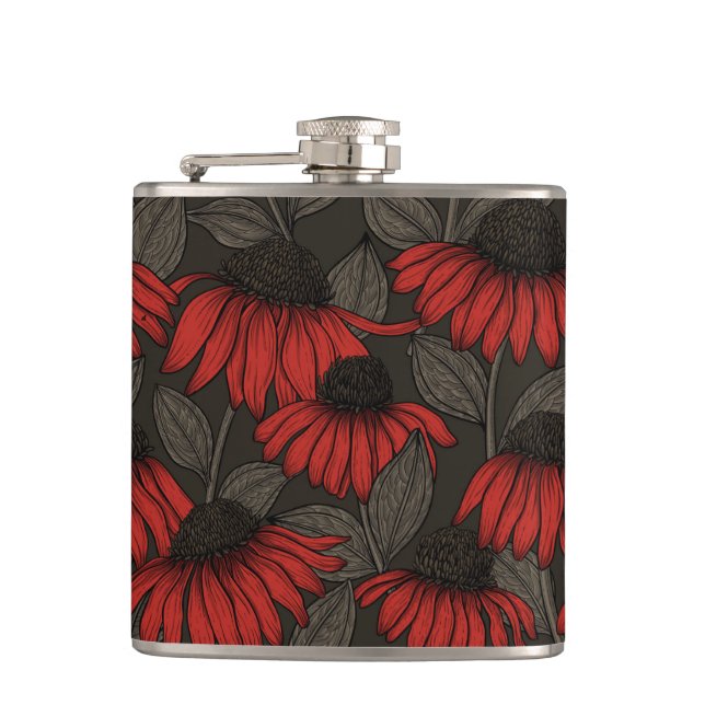 Red coneflowers on brown flask (Front)