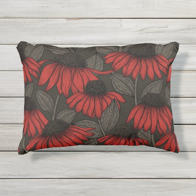 Red coneflowers on brown outdoor pillow (Front)