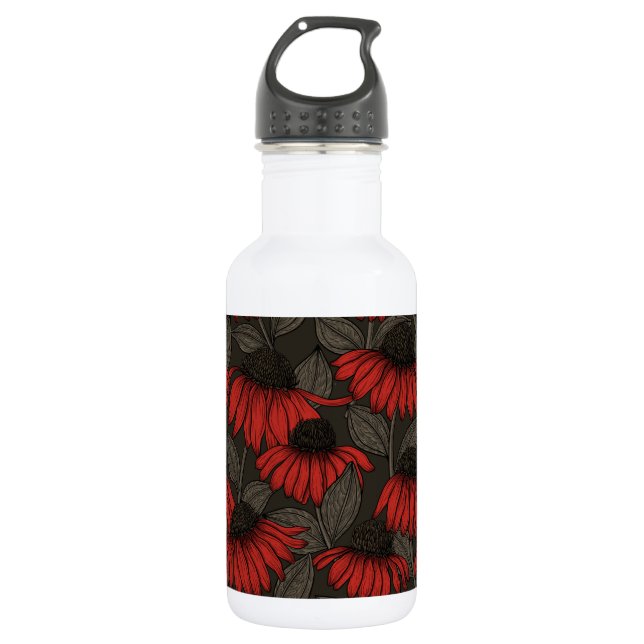 Red coneflowers on brown stainless steel water bottle (Front)