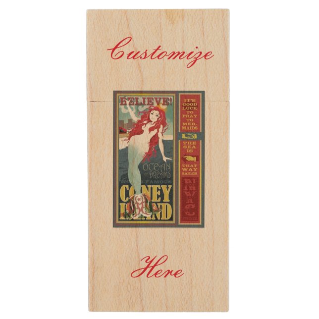 red coney island mermaid partying wood flash drive (Front Vertical)