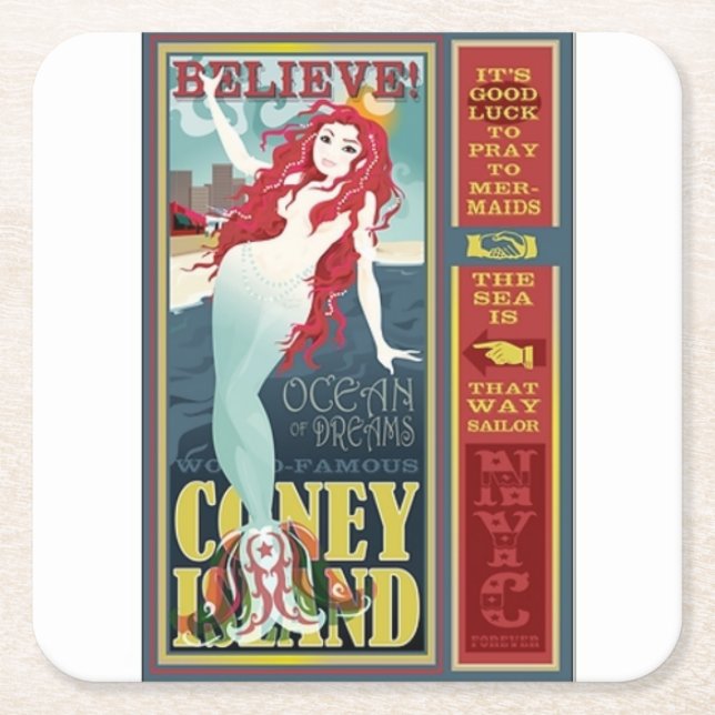 red coney island mermaid square paper coaster (Front)