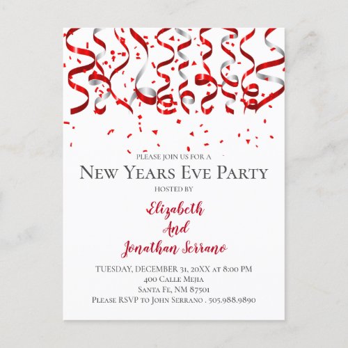 Red Confetti And Streamers New Years Eve Party Invitation Postcard