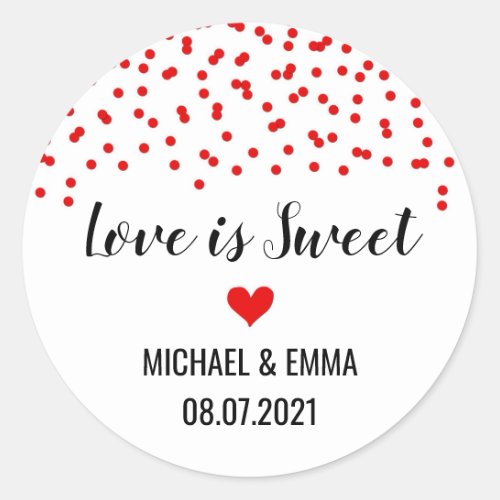 Red Confetti Heart Love is Sweet Classic Round Sticker