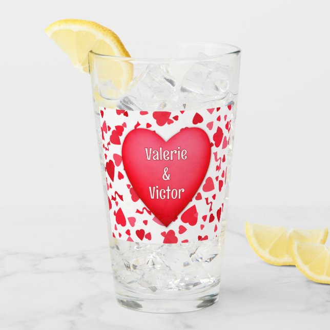 Red Confetti Hearts Personalized  Glass (Front Ice)