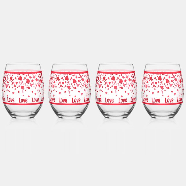 Red Confetti Hearts Personalized  Stemless Wine Glass (Front)