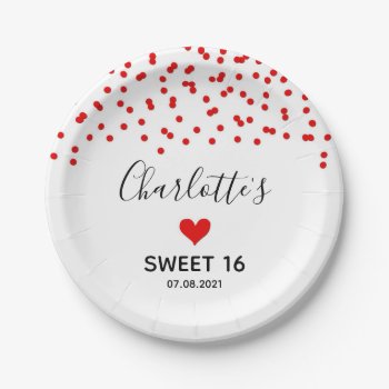 Red Confetti Sweet 16 Birthday Party Paper Plates by DreamingMindCards at Zazzle