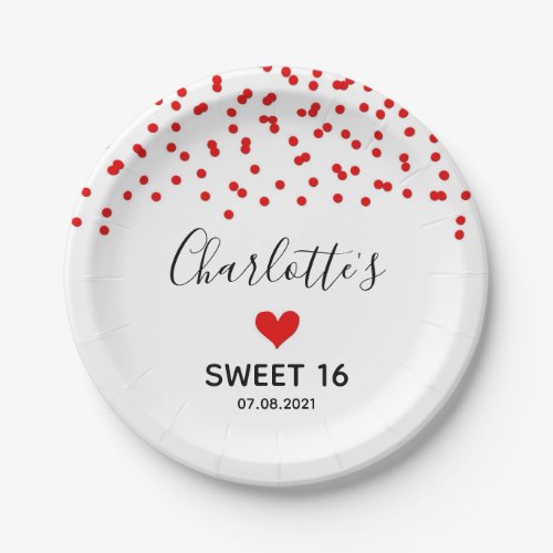 Red Confetti Sweet 16 Birthday Party Paper Plates