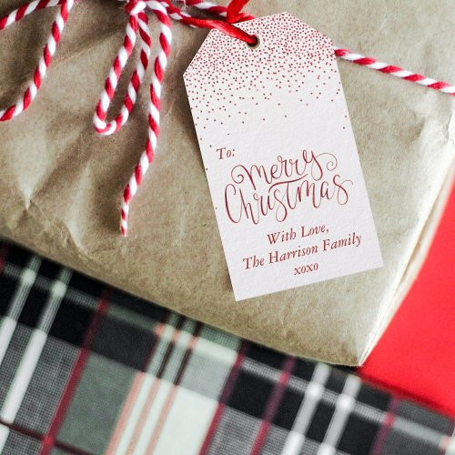 Red Confetti Typography Merry Christmas Gift Tags