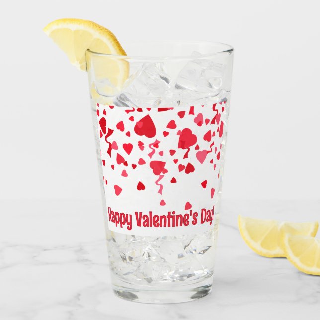 Red Confetti Valentine Hearts Personalized Glass (Front Ice)