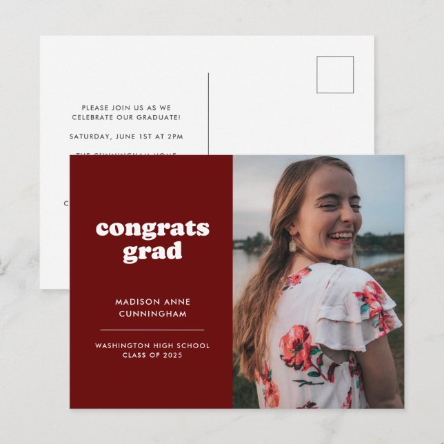 Red Congrats Grad Photo Graduation Invitation Postcard (Front/Back)