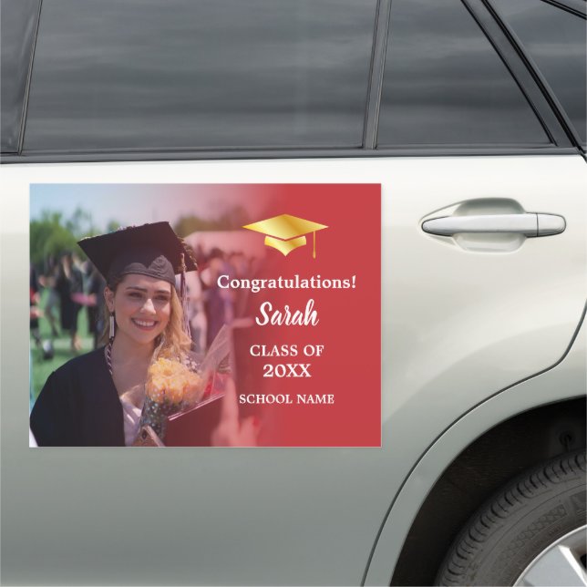 Red Congrats Graduation with a Custom Photo Car Magnet (In Situ)