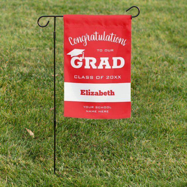 Red Congratulations Grad Personalized Garden Flag (In SItu)