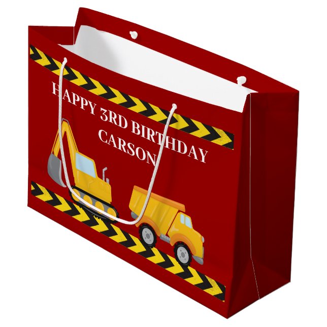 Red Construction Truck Boys Custom Kids Birthday Large Gift Bag (Front Angled)