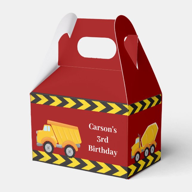 Red Construction Trucks Boys Birthday Party Favor Boxes (Front Side)