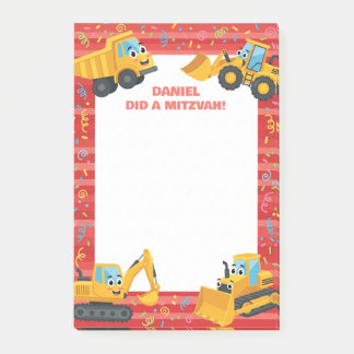 Red Construction Trucks Personalized Mitzvah Post-it Notes