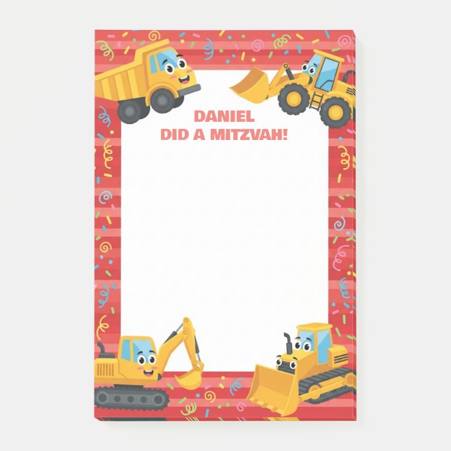 Red Construction Trucks Personalized Mitzvah  Post-it Notes (Front)