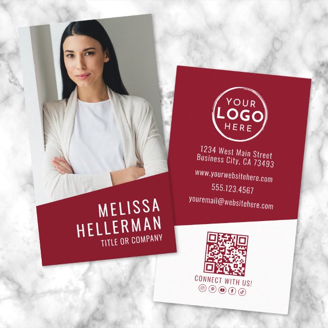 Red Contemporary Photo QR Code Logo Vertical Business Card (Red Contemporary Photo QR Code Logo Vertical Business Card)
