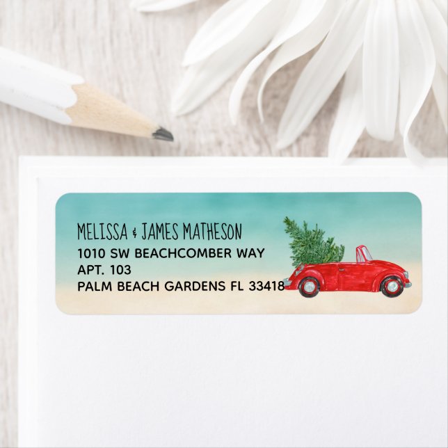 Red Convertible Car + Christmas Tree Beach Scene Label (Insitu)