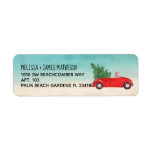 Red Convertible Car   Christmas Tree Beach Scene Label<br><div class="desc">This cute Christmas address label features a cute little red vintage car with a Christmas tree in the back on its way home for a festive holiday celebration. This is our version of the popular vintage red truck with a tree in the snow. The typography is a combination of whimsical...</div>