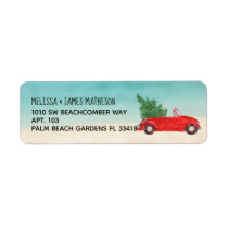 Red Convertible Car + Christmas Tree Beach Scene Label