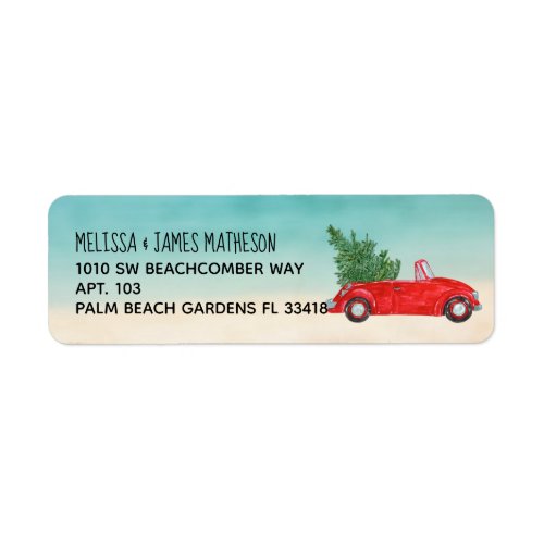 Red Convertible Car  Christmas Tree Beach Scene Label