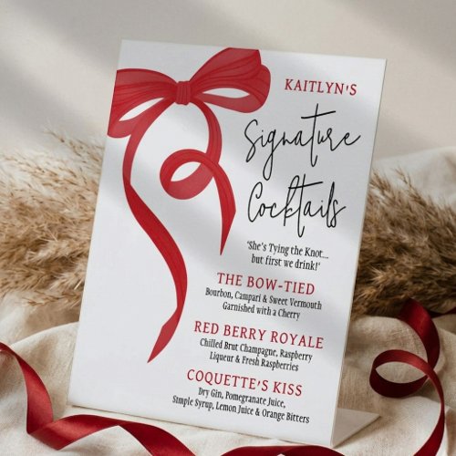 Red Coquette Bow Bachelorette Signature Coctails Pedestal Sign