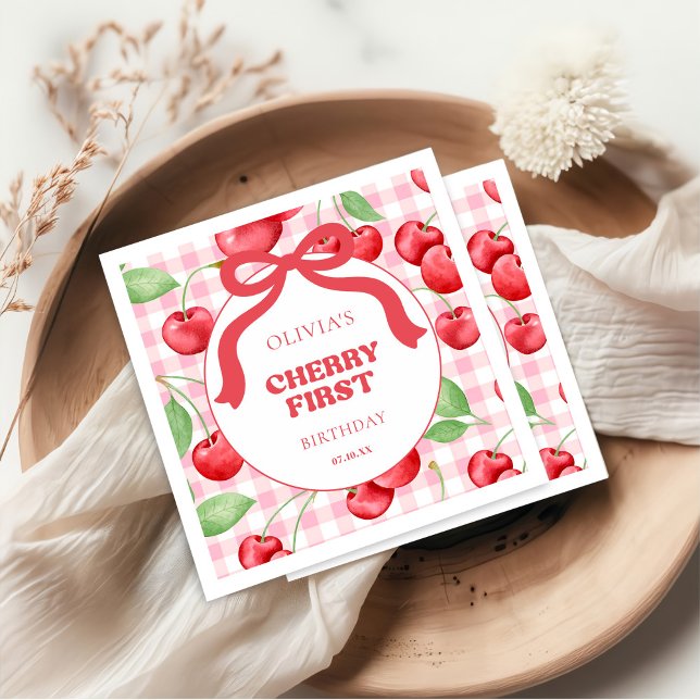 Red Coquette Bow Cherry First Birthday Party Napkins (Creator Uploaded)