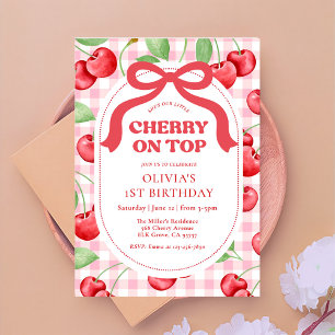 Red Coquette Bow Cherry On Top Birthday Party Invitation