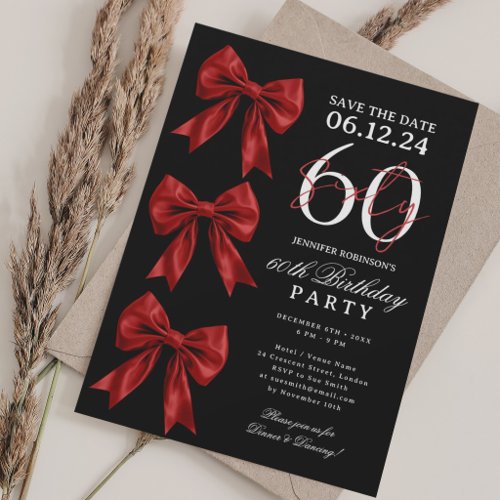 Red Coquette Bow Save Date 60th Birthday Black Invitation
