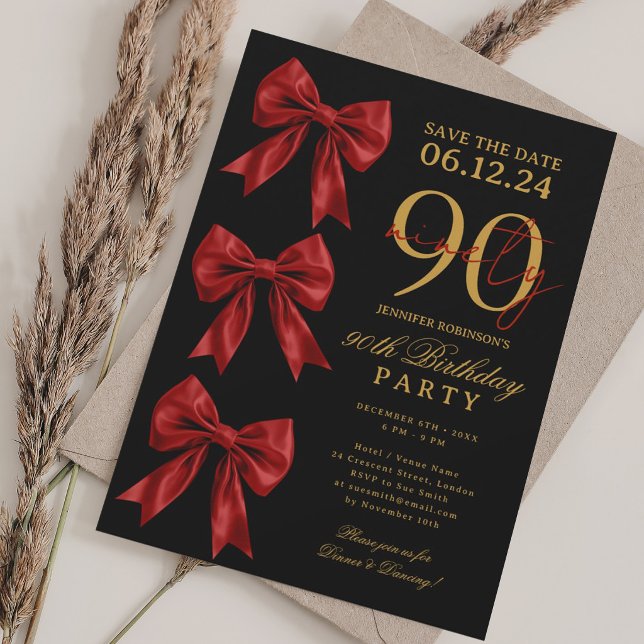 Red Coquette Bow Save Date 90th Birthday Black Invitation (Red Coquette Bow Save Date 90th Birthday Black Invitation)